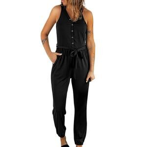 Jumpsuit for Women Sleeveless‎ Crewneck Tie Waist Long Pants Romper with Pockets